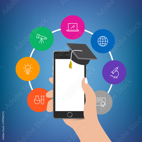 Hand holding phone with academy hat with colorful icons around. Empty display. Useful for mobile applications, web design, social media advertisement posters, branding, flyers and brochures.