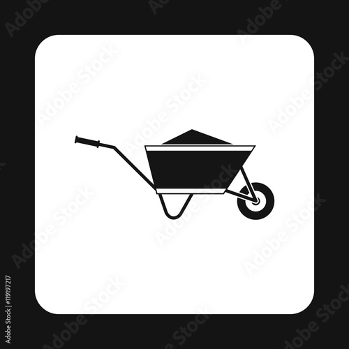 Wheelbarrow with sand icon in simple style isolated on white background. Trash symbol
