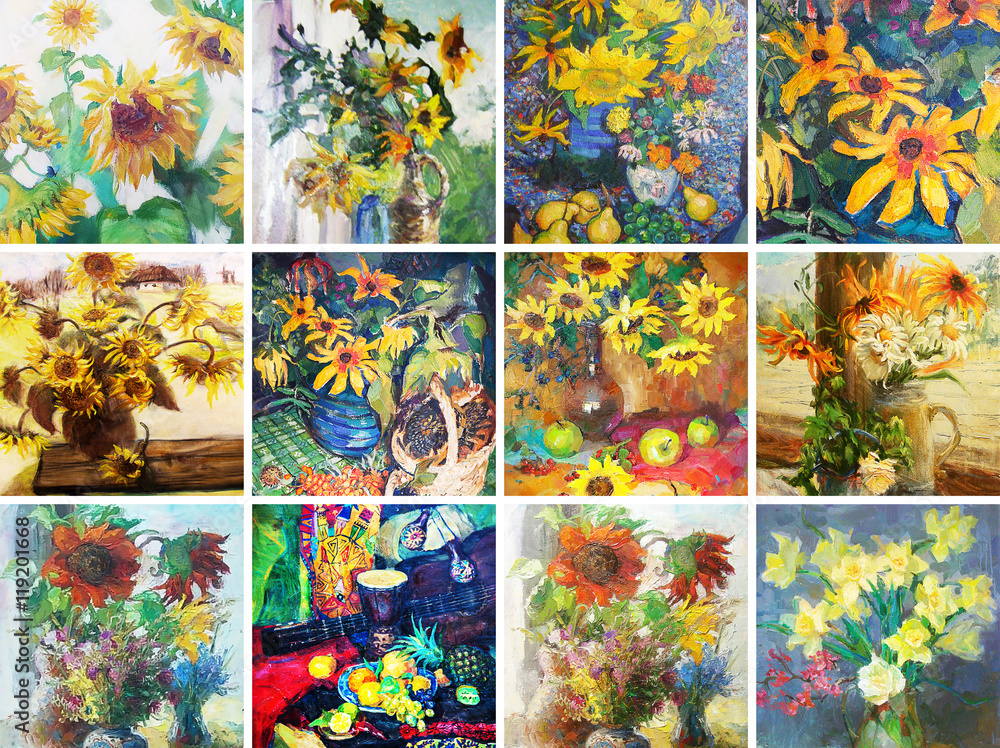 drawing oil, flowers, Wildflowers, Sunflowers, 12 in 1