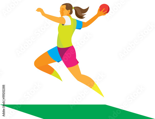 young female handball player to attack in jump