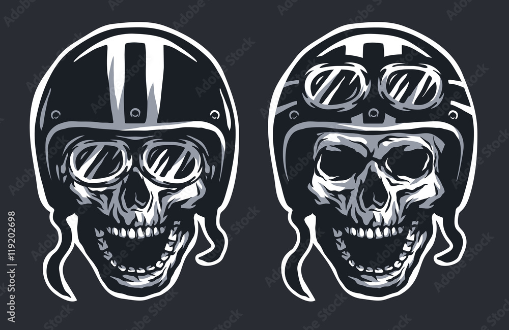 Skull biker in helmet and glasses.