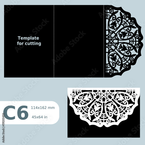 C6 paper openwork greeting card, template for cutting, lace invitation, card with fold lines, object isolated background, laser cut template, vector illustration