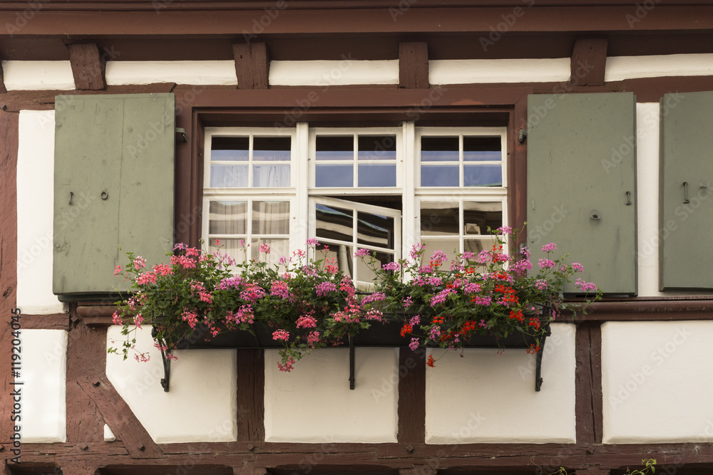 Ein Fenster mit rosaroten Geranien und grünen Fensterläden in einem alten Fachwerkhaus mit roten Holzbalken.