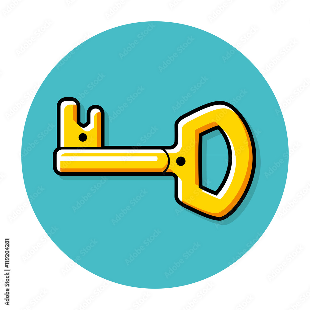 Yellow key cartoon round line icon on a blue background. Stock Vector