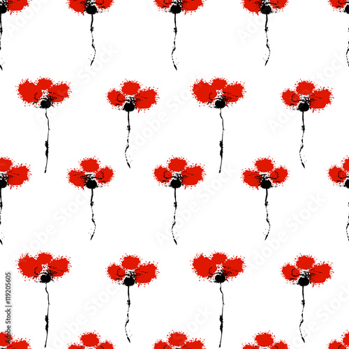 Vector hand drawn floral watercolor seamless pattern with poppy. Artistic creative colorful graphic ilustration with splash, blots and smudge. Endless vector background, graphic illustration