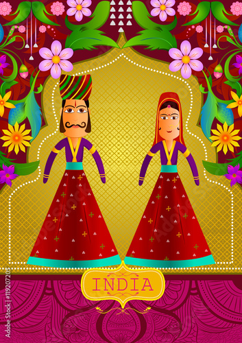 Floral background with Indian puppet of king and queen showing Incredible India