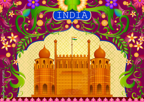 Floral background with Red Fort showing Incredible India