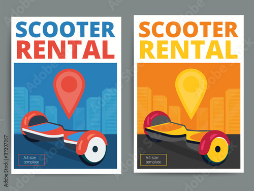 Trendy gyroscooter rental service poster design. Modern vector