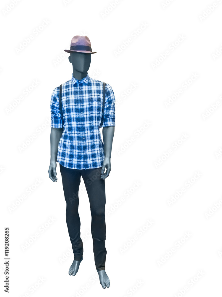 Male mannequin dressed in plaid shirt and black jeans Male mannequin dressed in plaid shirt and black jeans