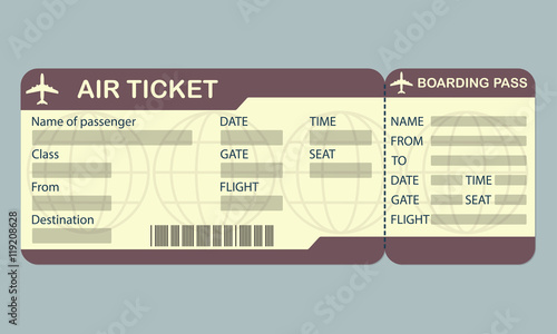 Plane ticket template. Detailed blank of airplane ticket. Vector illustration.