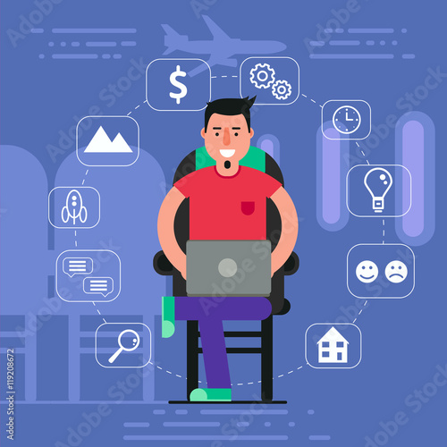 Young man sitting in chair on plane surfing inflight wi-fi concept