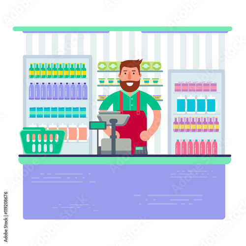 Beardy man working as cashier in shop or supermarket. Hipster re