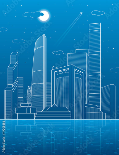 City on the water. Business center, architecture and urban illustration, neon town, white lines composition, skyscrapers and towers, vector design art