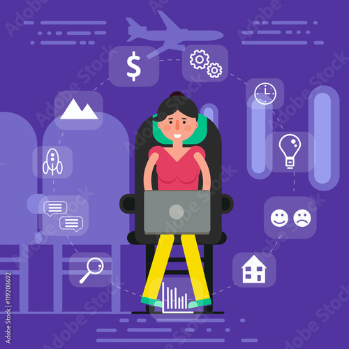 Young woman or girl sitting in seat on plane surfing inflight