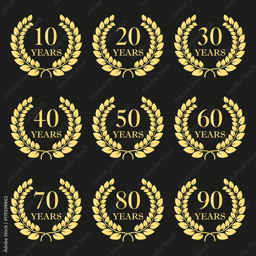 Anniversary laurel wreath icon set. Golden anniversary symbols isolated on black background. 10,20,30,40,50,60,70,80,90 years. Template for award and congratulation design. Vector illustration. Anniversary laurel wreath icon set. Golden anniversary symbols isolated on black background. 10,20,30,40,50,60,70,80,90 years. Template for award and congratulation design. Vector illustration.