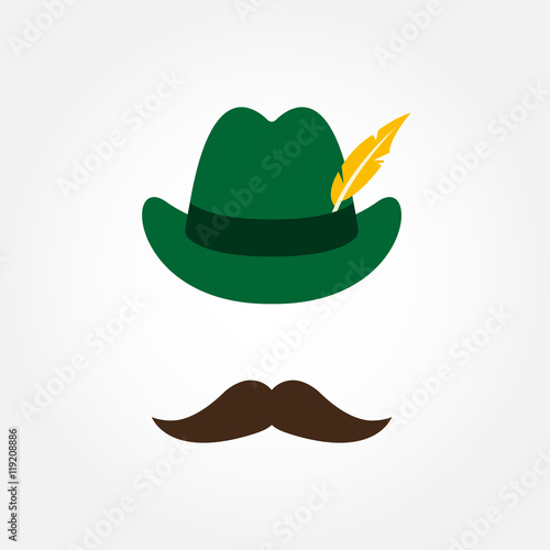 German hunting hat with feather and moustache. Octoberfest beer festival symbol. Colorful vector illustration.
