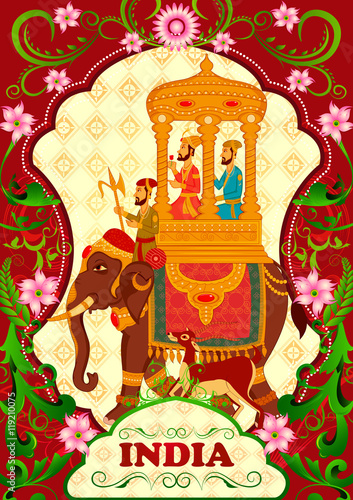 Floral background with King on elephant ride showing Incredible India