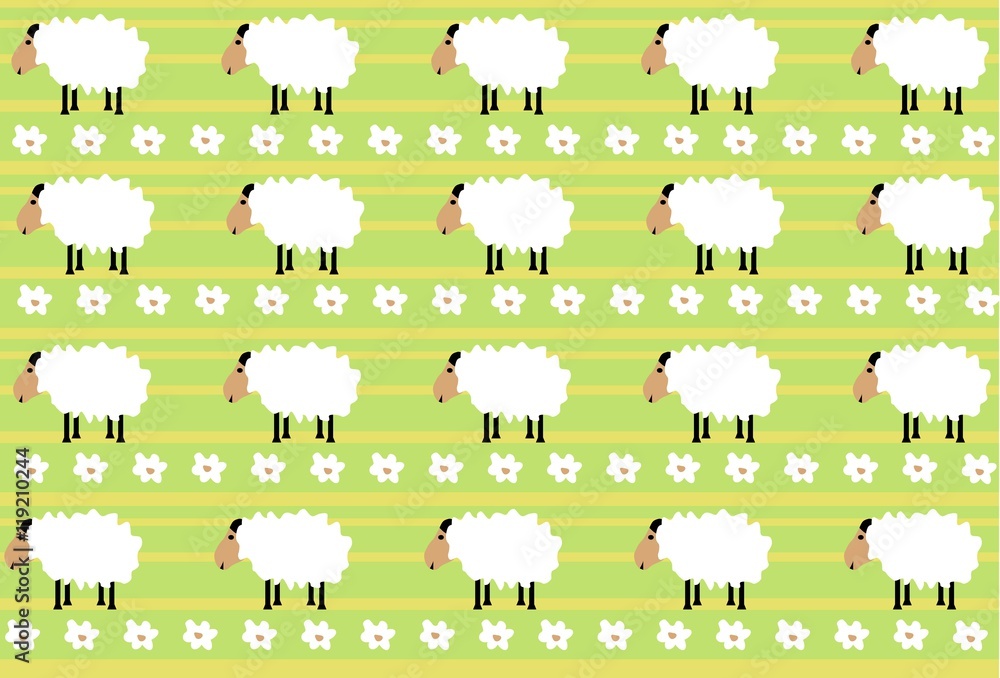 Pattern of white sheep with black legs on the green background with white flowers in vector Pattern of white sheep with black legs on the green background with white flowers in vector