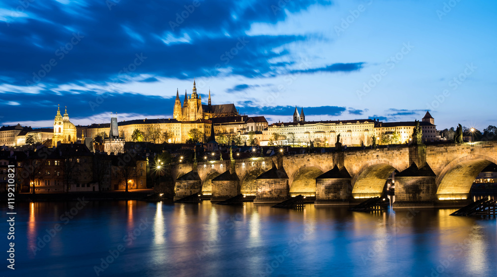 Prague Castle, charle's bridge and St. Vitus cathedral in twilig
