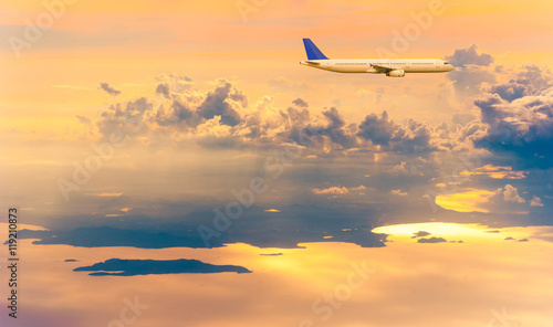 Airplane with background of cloudy sky, exploration conceptual