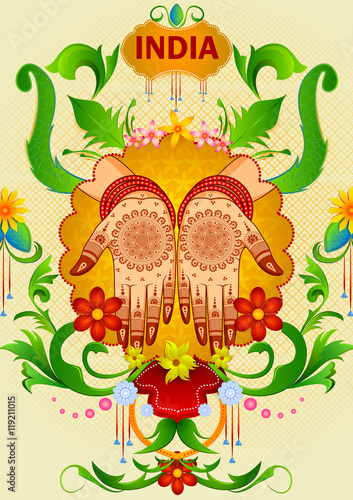 Floral background with Indian bride  mehandi in hand showing Incredible India