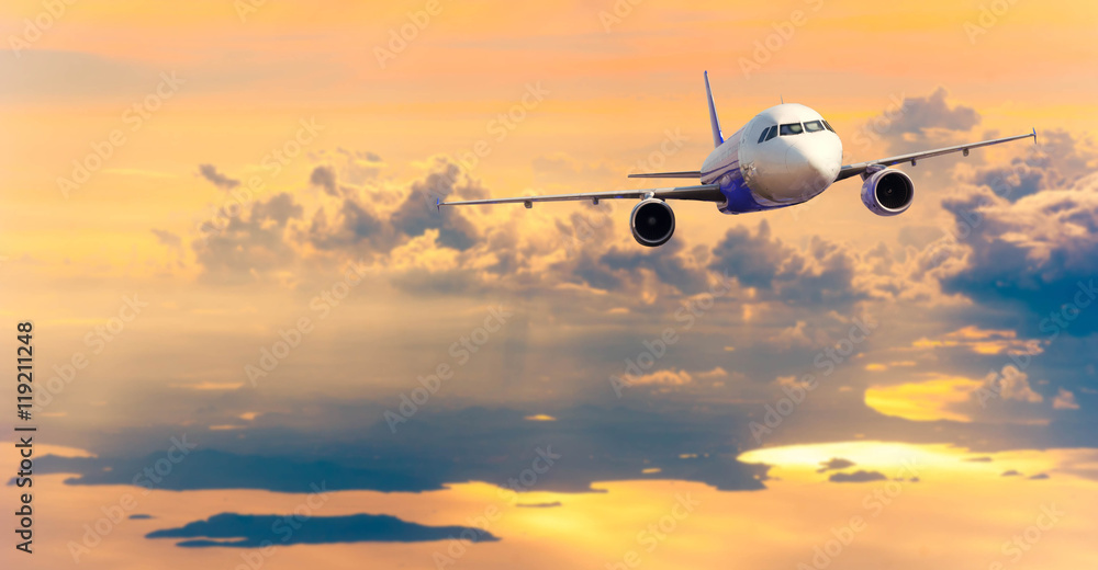 Airplane with background of cloudy sky, exploration conceptual