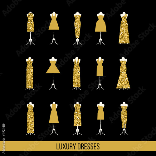 Gold luxury dress set isolated on black cover. Golden sparkle gl