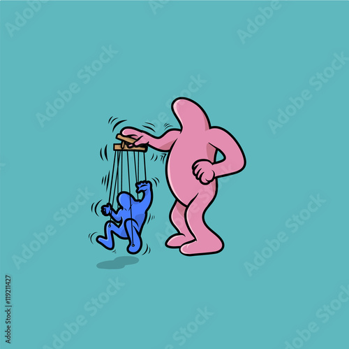 A man playing wit a puppet. Metaphor of manipulation. Vector Illustration
