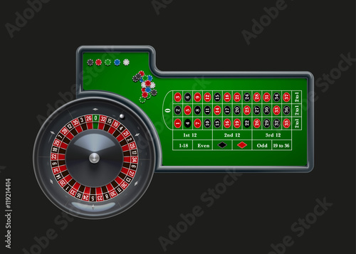 vector illustration of  roulette wheel with casino chips isolated on green  table realistic objects 3d with place for text eps 10 