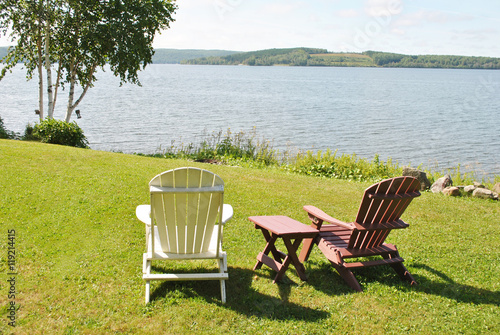 Two Adirondack Chairs with a Table Facing the Lake View