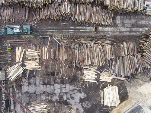 Sawmill. Felled trees, logs stacked in a pile. View from above.