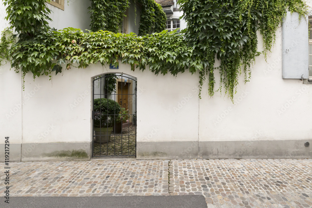 Blick durch ein Metallgitter in einen hübschen kleinen Innenhof eines Hauses mit weissen Wänden, Kopfsteinpflaster, Pflanzen und einer braunen Holztür.