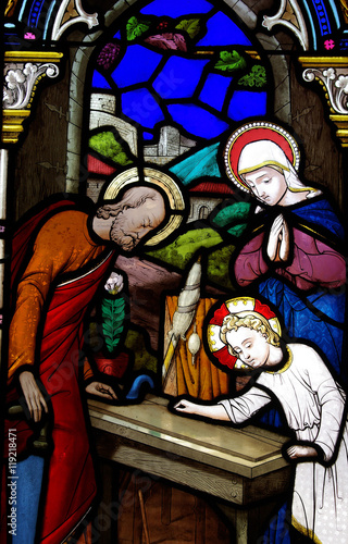 Jesus working as a carpenter (stained glass)