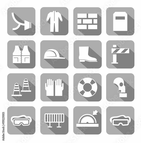 Occupational safety, personal safety, icons, monochromatic, gray. Vector icons with protective clothing and items of human security. White images on a gray background with shadow. 