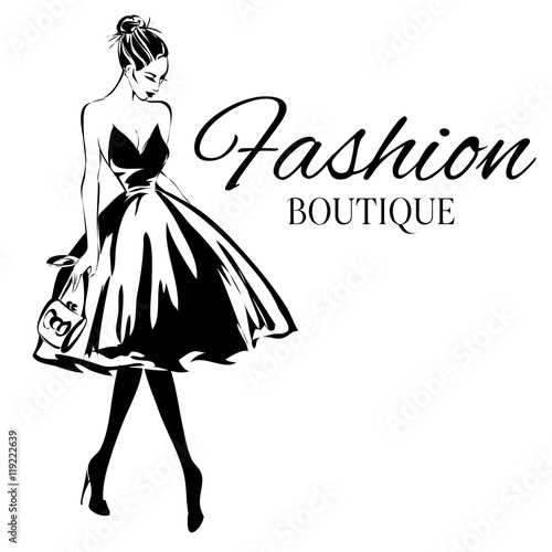 Fashion boutique logo with black and white woman silhouette vector photo