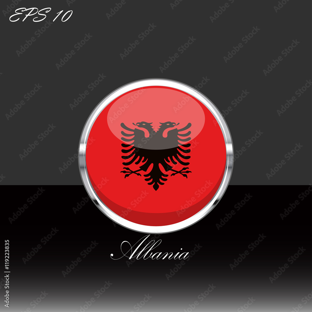 Albania flag isolated on black background. Albanian flag button in silver  chrome ring. Albania sport competition participant. Web button, language  sign, print graphic element. Clip art illustration Stock Vector | Adobe  Stock