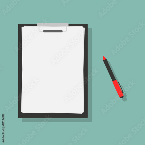 Black clipboard with blank sheets and pen.