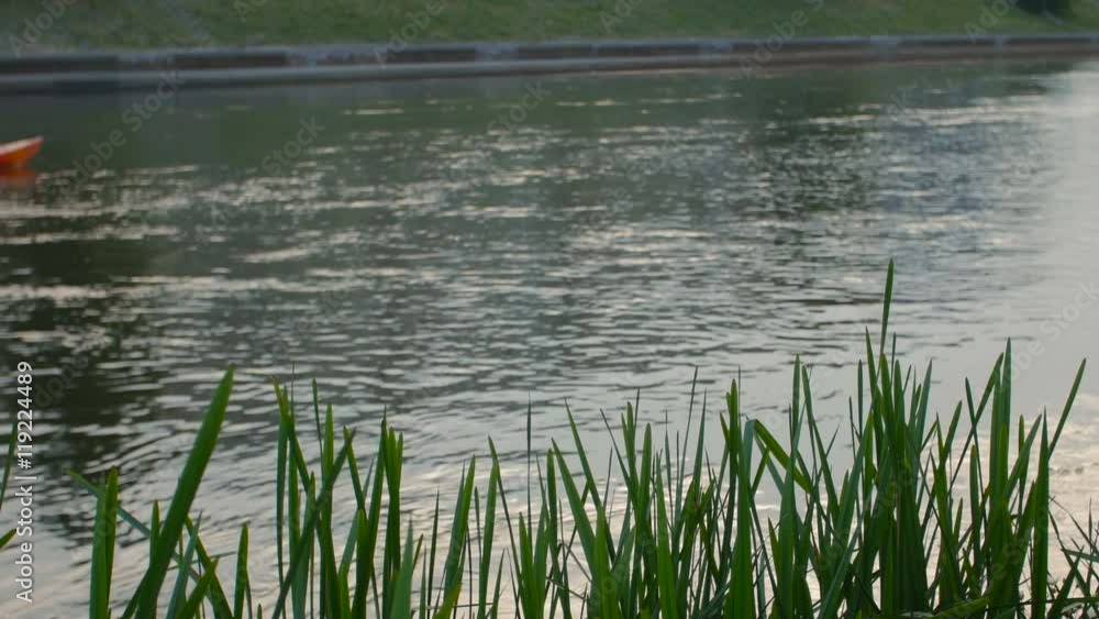 summer trip on the river by canoe. canoes down the river through the leaves.