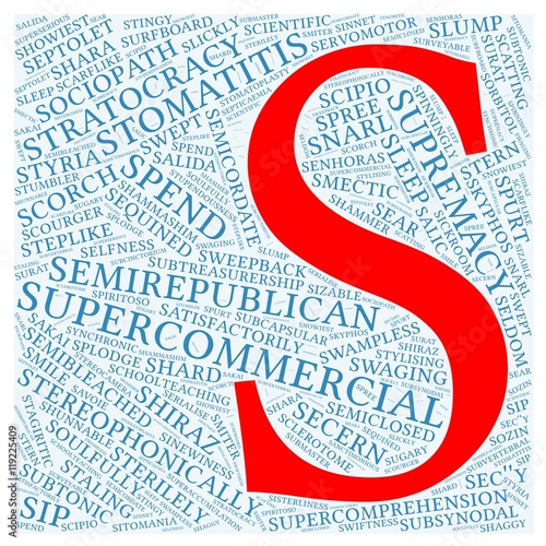 Letter "S" with 100 words word cloud starting with letter "S".