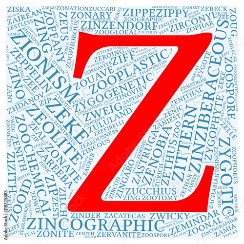 Letter "Z" with 100 words word cloud starting with letter "Z".