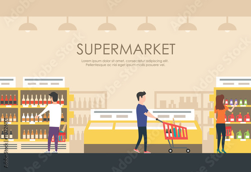 People in supermarket. Vector flat illustration. Grocery store