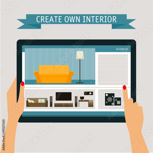 Interior, furniture store theme. Flat style illustration. Tablet with interior elements website page. 
