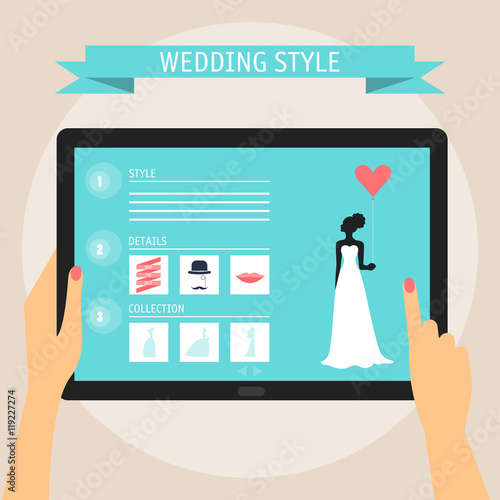Bride silhouette on wedding website. Digital tablet isolated on beige. Flat style. Love, happy, wedding, romantic theme. 