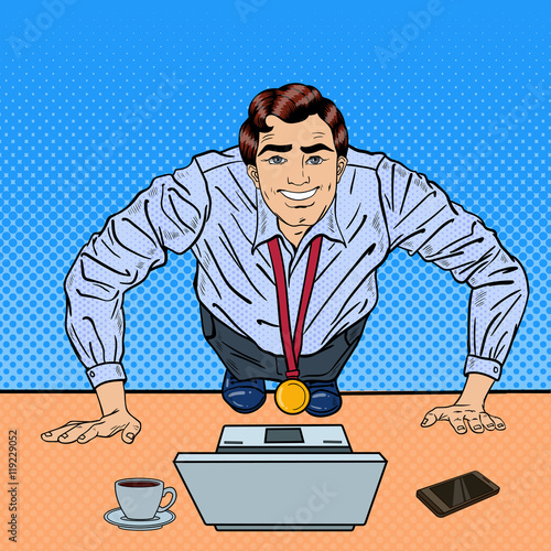Successful Pop Art Business Man with Medal Doing Push-ups on the Office Table with Laptop. Vector illustration