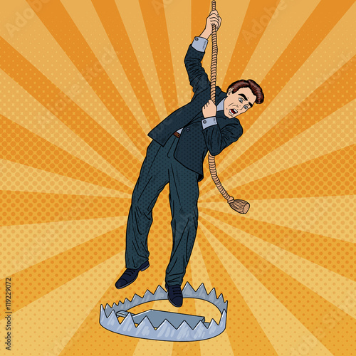 Stressed Business Man on the Rope Falls into the Trap. Pop Art Vector illustration