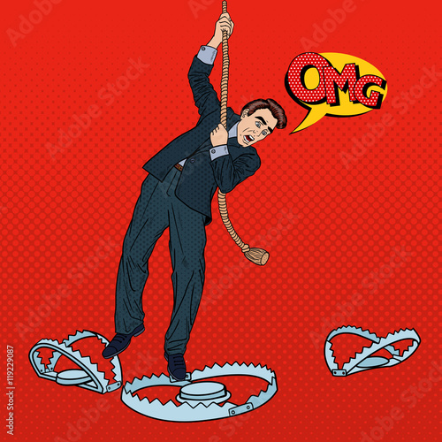 Stressed Business Man on the Rope Falls into the Trap. Pop Art Vector illustration