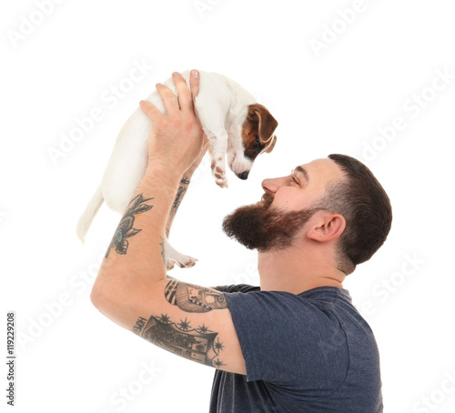 Handsome man with cute dog,...