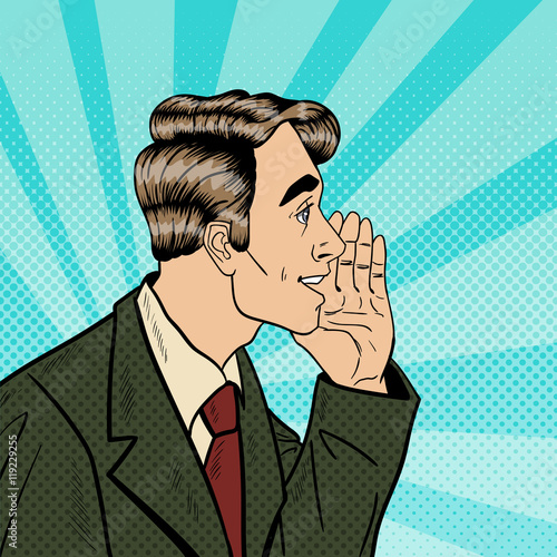 Pop Art Business Man Whispering Secrets. Privacy and Secret Concept. Vector illustration