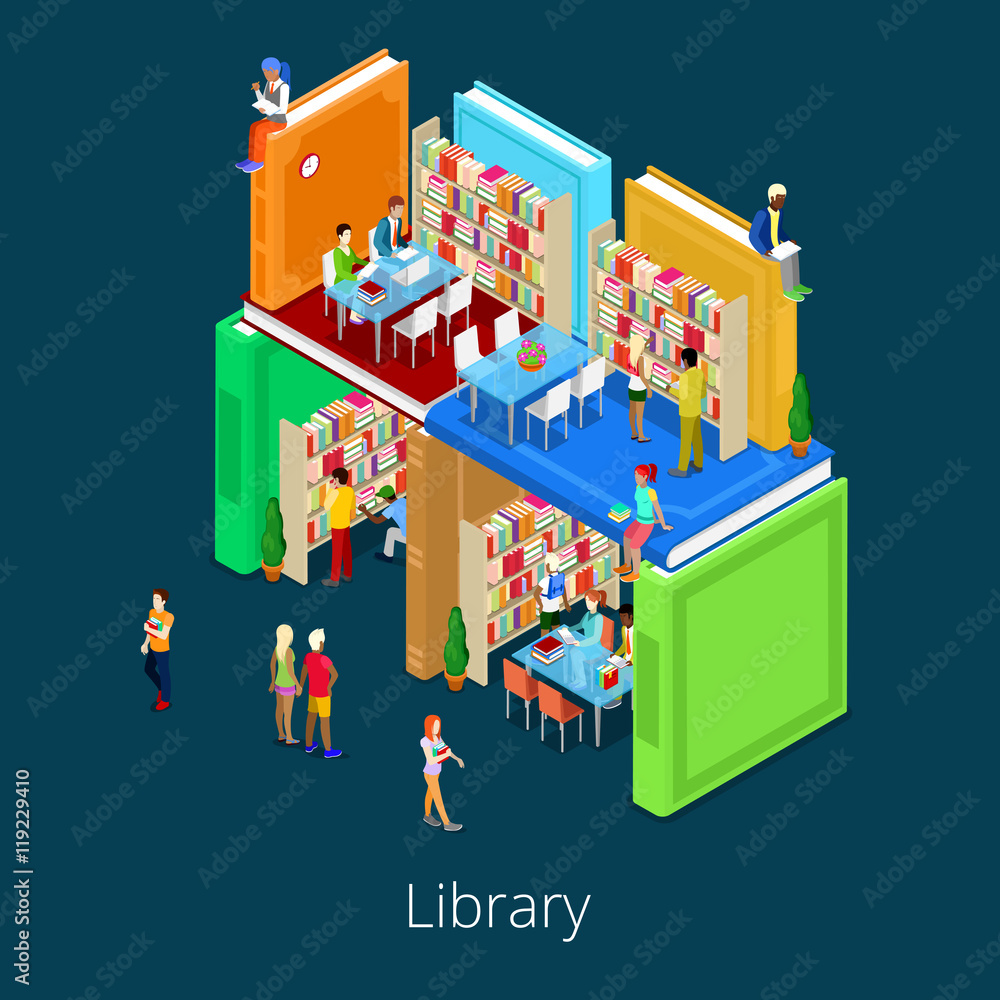 Isometric Library Building from Books with People. Educational Concept. Vector illustration