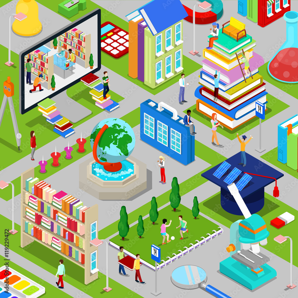 Isometric City of Education with Books Architecture and People. Vector illustration